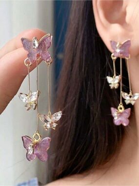 🦋 Purple Butterfly Crystal Dangle Earrings | Gold Tone Fairycore